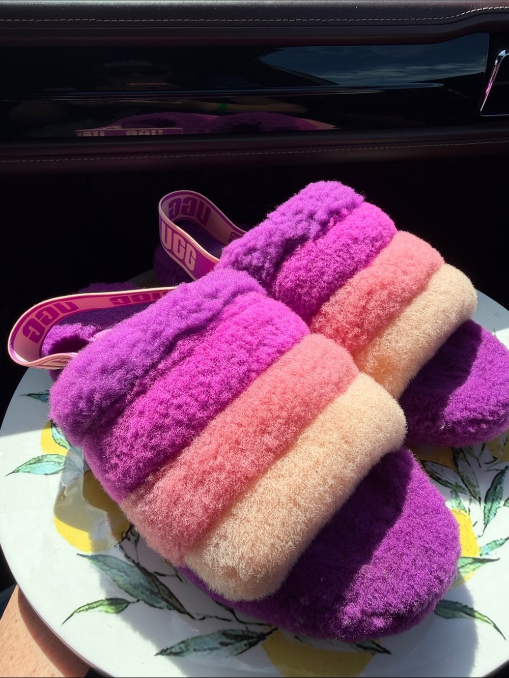 UGG Colorblock Fluff Yeah slingback Fury Slides in Purple, Pink & Peach